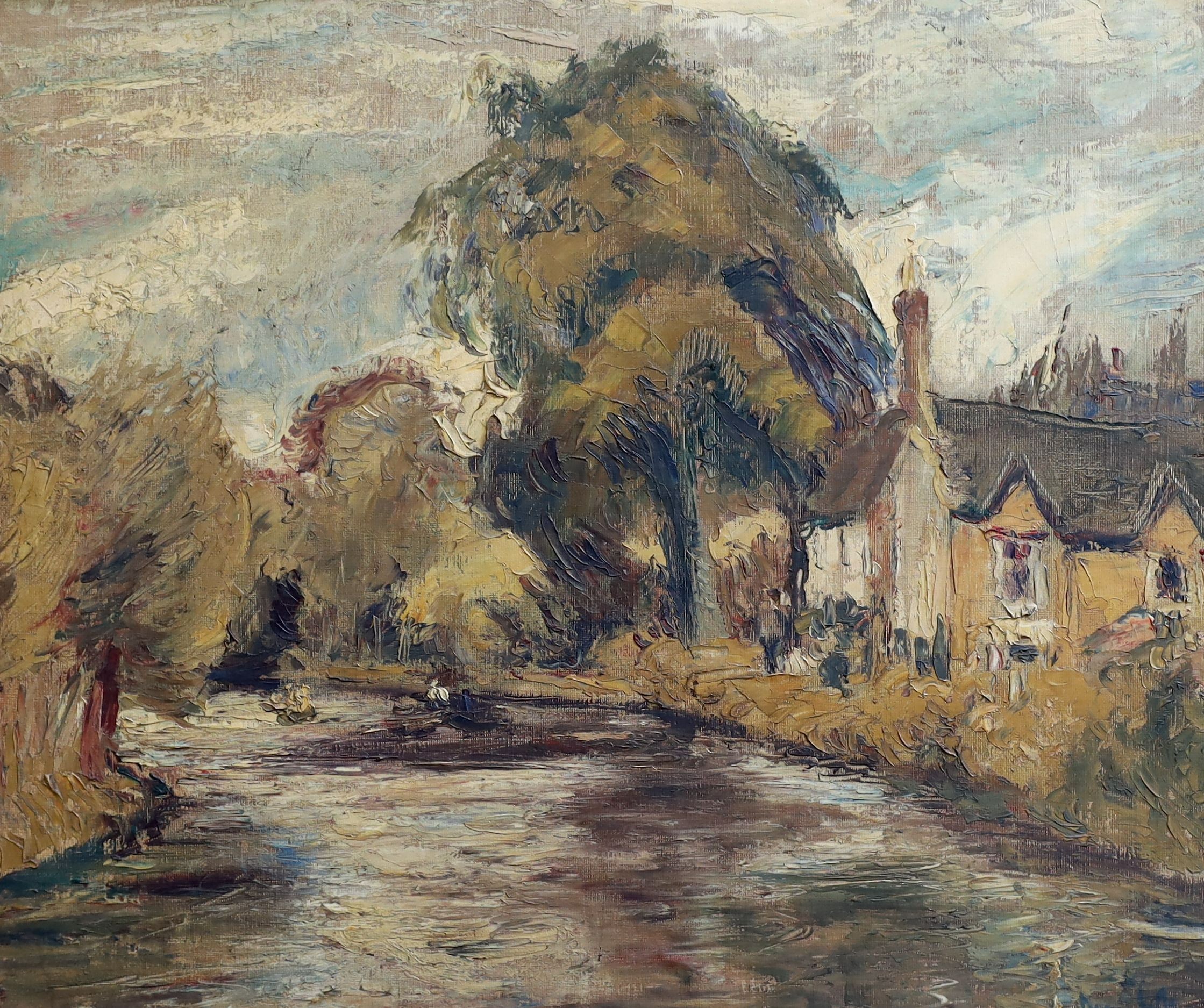 Ronald Ossory Dunlop (1894-1973), River landscape with house and trees, oil on canvas board, 49 x 59cm